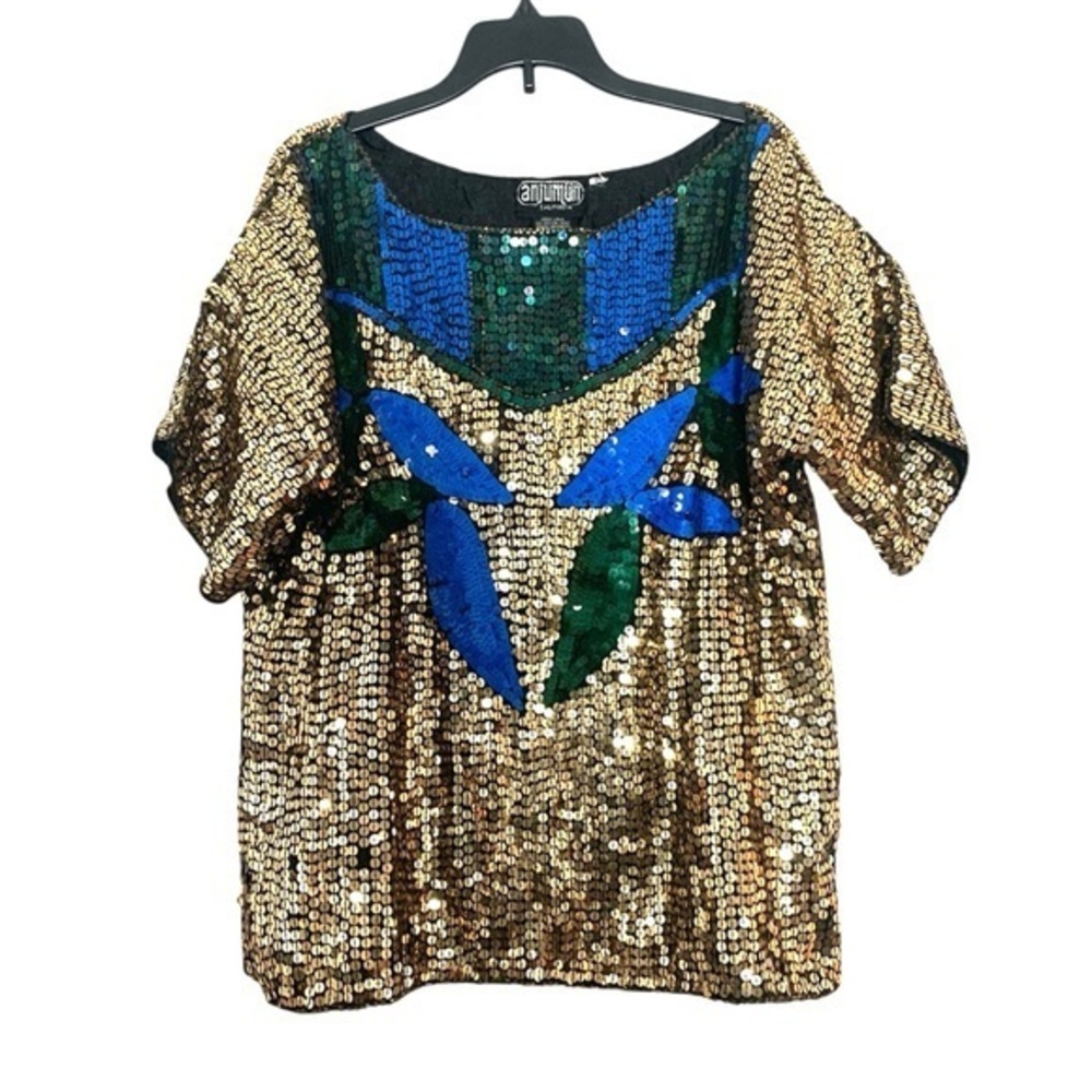 Vintage Anjumun California Sequined Silk Top Blouse Gold Green Blue Medium